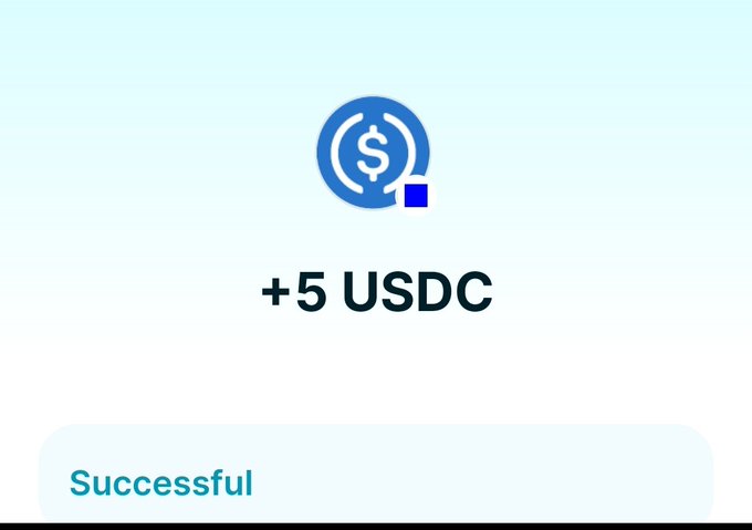 A success notification screen showing a USDC (USD Coin) logo with the text '+5 USDC' and a 'Successful' confirmation.