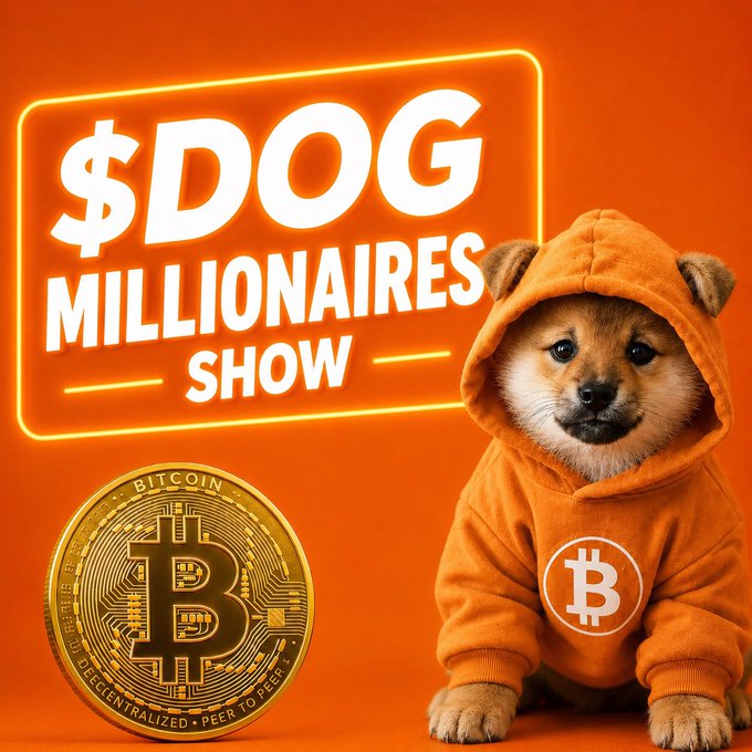 A promotional graphic for the '$DOG MILLIONAIRES SHOW' featuring a Shiba Inu puppy in an orange Bitcoin hoodie next to a large gold Bitcoin coin against an orange background.