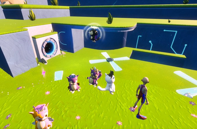 A 3D animated scene shows small fantasy creatures and a human character on a grassy platform with circuit-like patterns.