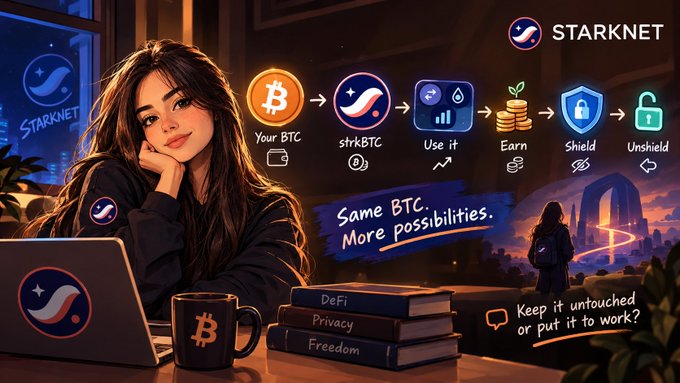 A Starknet promotional image featuring an illustrated woman at a desk, alongside a flowchart explaining how to use 'strkBTC' to earn, shield, and unshield.