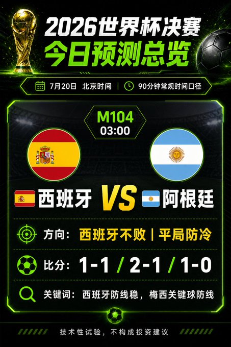 A promotional graphic for a 2026 World Cup Final prediction features Match M104 between Spain (西班牙) and Argentina (阿根廷), scheduled for July 20 at 03:00 Beijing time, forecasting Spain unbeaten with potential scores of 1-1, 2-1, or 1-0 during regular time.