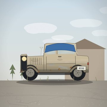 A 2D cartoon illustration of an old, beige pickup truck with blue windows parked on a dirt surface with the number '6332' on its side, set against a light blue sky.