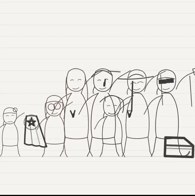 A hand-drawn stick-figure family sketch on lined notebook paper featuring several smiling characters, one in a cape with a star, and another holding what appears to be a briefcase.