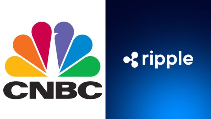 The image features the CNBC peacock logo alongside Ripple's logo on a blue gradient background, representing CNBC & Statista's recognition of Ripple as a top global fintech company for the fourth consecutive year.