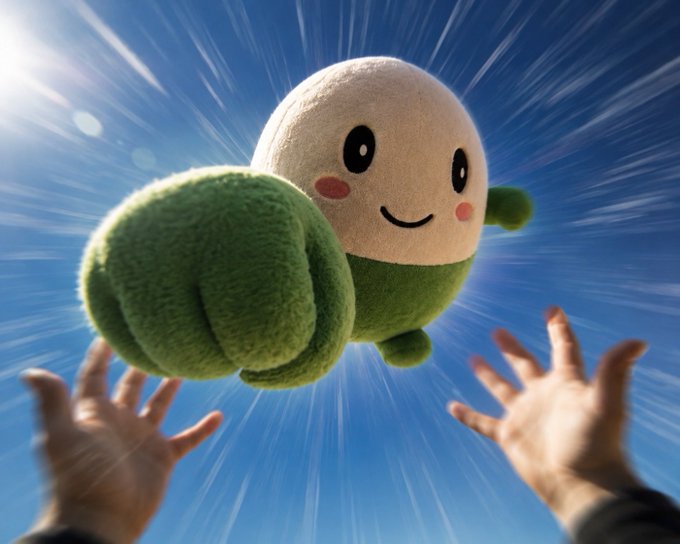 A 3D rendered cute plush-style character with a large green fist flying through the sky, with two hands reaching up from below.