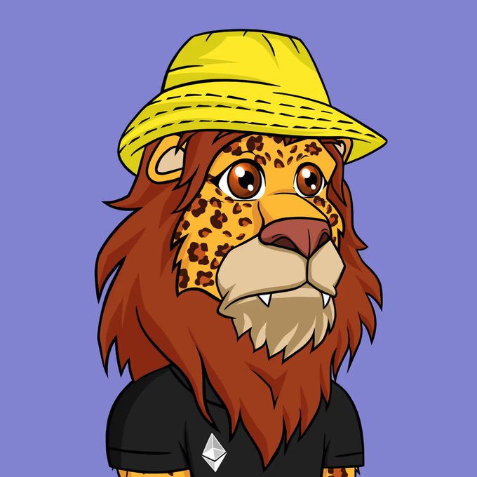Cartoon-style mascot character depicting an anthropomorphic leopard with a red mane, wearing a yellow bucket hat and a black t-shirt featuring the Ethereum logo, on a purple background.