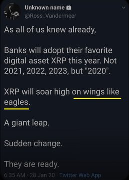A tweet from user @Ross_Vandermeer dated January 28, 2020, predicts that banks will adopt the digital asset XRP during 2020, stating "XRP will soar high on wings like eagles" in a series of short poetic lines. The post aligns with the accompanying caption by emphasizing XRP's anticipated rise, symbolizing the cryptocurrency's potential takeoff much like the referenced "CFTC's wings."