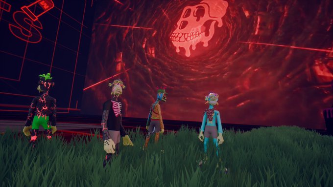 Four cartoon-style 3D characters with glowing designs standing on grass in front of a red background featuring a skull logo with 'LIVE' text.