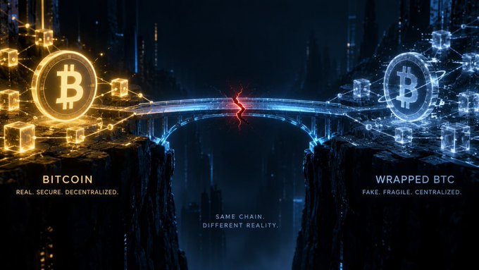 A digital graphic comparing Bitcoin and Wrapped BTC, depicting a glowing golden Bitcoin on the left and a blue wrapped Bitcoin on the right separated by a bridge with a crack. Text labels Bitcoin as 'REAL. SECURE. DECENTRALIZED.' and Wrapped BTC as 'FAKE. FRAGILE. CENTRALIZED.'