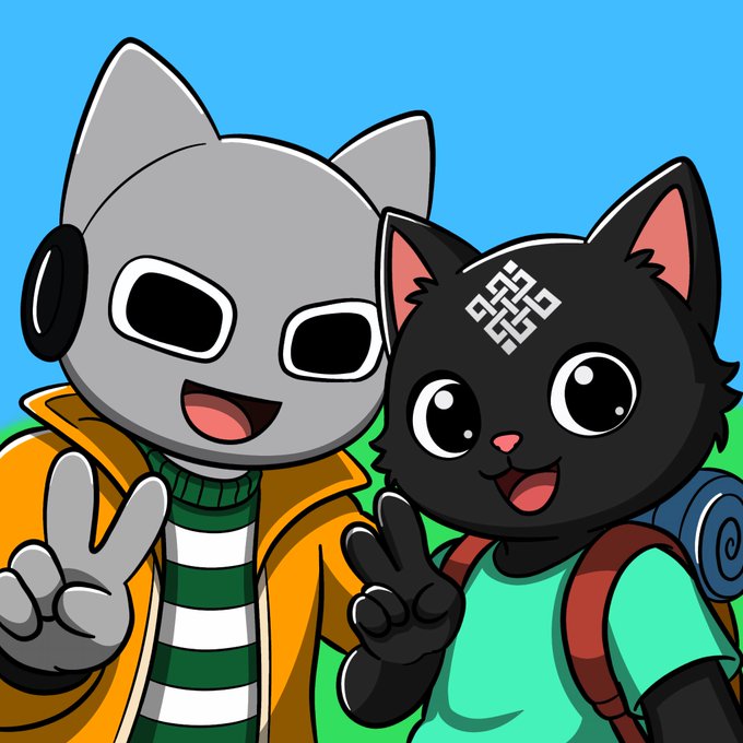 A cartoon gray cat character wearing headphones and a striped shirt makes a peace sign alongside a cheerful black cat with a white geometric symbol on its forehead, both appearing to pose for a selfie against a blue sky. The image, captioned as Day 33 of an art series promoting the Ritual x Initiate NFT collaboration, depicts the two characters enjoying a fun moment together to commemorate their "Gritual and GInitiates" adventure.