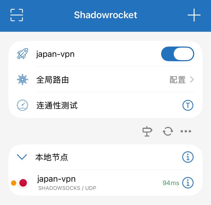 The image shows the Shadowrocket app interface with a connected "japan-vpn" node running SHADOWSOCKS / UDP at 94ms latency, alongside options for global routing (全局路由) and connectivity test (连通性测试). This visually supports the post's success in quickly setting up a VPN node using Codex's assistance.
