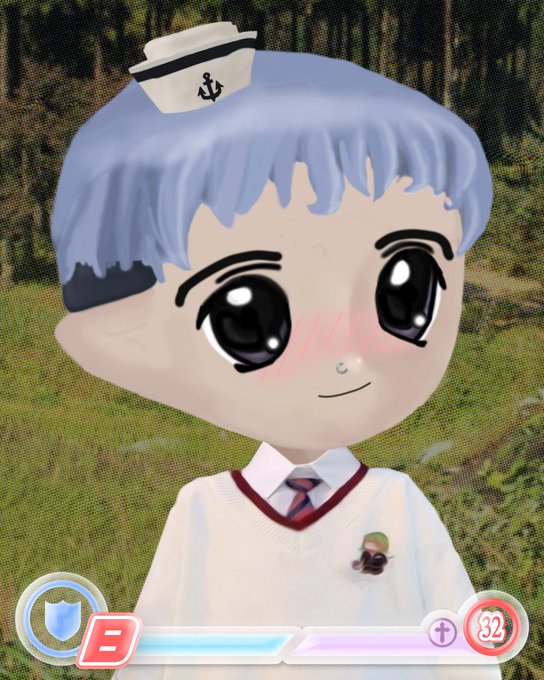 A 3D avatar character with blue hair wearing a white sailor hat and school uniform in a game-like interface.