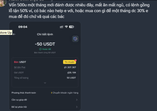 A Vietnamese-language post describing losses on a 500u position with a -50 USDT unrealized PnL from a short trade, accompanied by a screenshot of the Binance futures position interface.