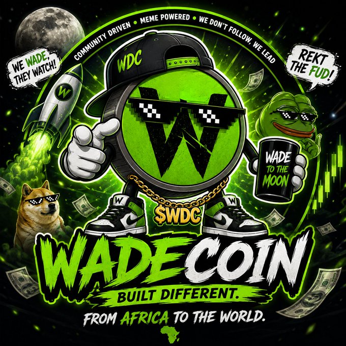 A meme-style graphic featuring a cartoon character wearing pixelated sunglasses and a cap emblazoned with "WDC," surrounded by internet meme references like a rocket-launching Shiba Inu and a Pepe frog holding a "WADE TO THE MOON" mug. The bold text "WADECOIN" is prominently displayed along with taglines "BUILT DIFFERENT," "FROM AFRICA TO THE WORLD," and slogans like "WE WADE, THEY WATCH!" and "REKT THE FUD!"—visually capturing the post's hype around the $WDC token's anticipated rise.