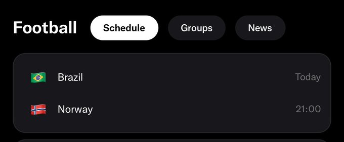 A Football schedule screen shows Brazil vs Norway scheduled for today at 21:00, with the Schedule tab selected among Groups and News options. The image aligns with the post's mention of a Brazil vs Norway matchup tonight, prompting predictions on Polymarket about whether Haaland or Vinicius will score.