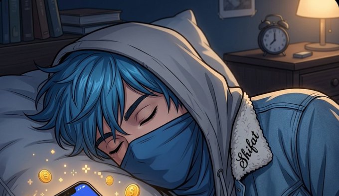 The image features a blue-haired person wearing a hoodie, lying down with their eyes closed while looking at a cell phone. The background shows a bedroom setting with a bed, nightstands, and a clock. There are also books on the nightstand next to the bed. The post is titled "Good night, Base fam. Another day of building. Another day of baseposting. Another day closer to bringing the world onchain."