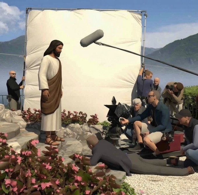 A 3D animated scene depicting a film crew shooting a movie about Jesus Christ, with a figure of Jesus in white and brown robes standing in front of a white backdrop while crew members operate cameras and a boom microphone.