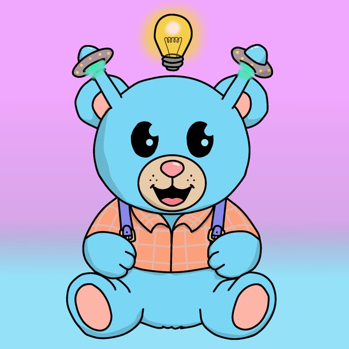 A cute cartoon illustration features a blue teddy bear with UFO-shaped antennae and a glowing lightbulb on its head, wearing an orange plaid shirt and purple suspenders.