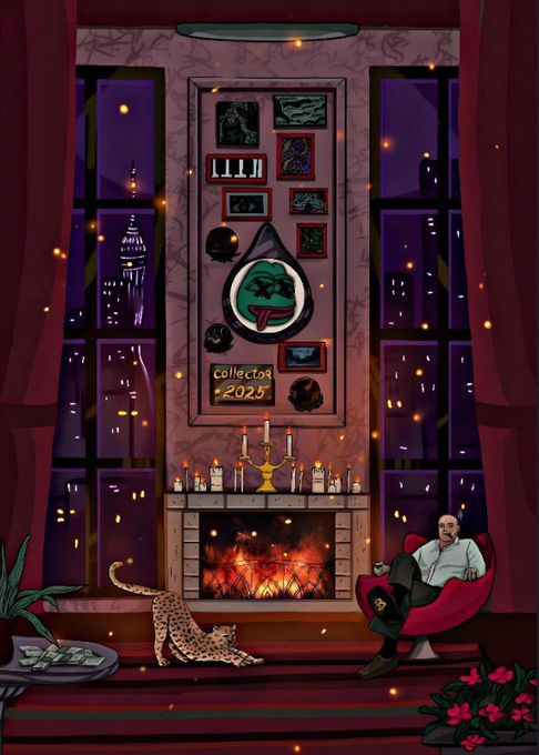 An illustrated scene shows a man sitting in a red chair by a fireplace with a cheetah nearby, featuring a Collector 2025 plaque with a Pepe the Frog emblem.