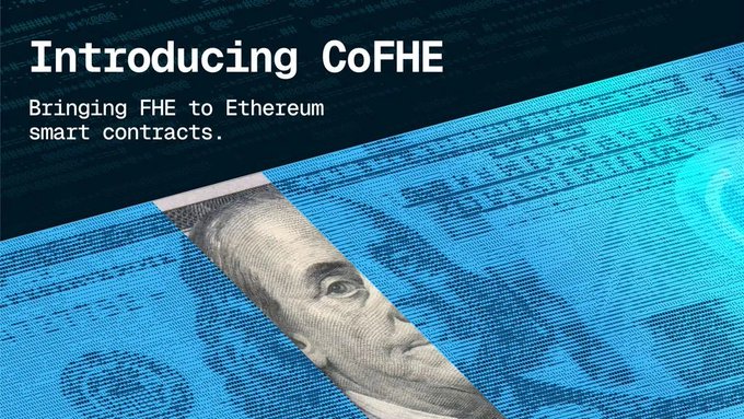 A promotional graphic titled 'Introducing CoFHE: Bringing FHE to Ethereum smart contracts.' overlaid on a stylized image of George Washington on currency.