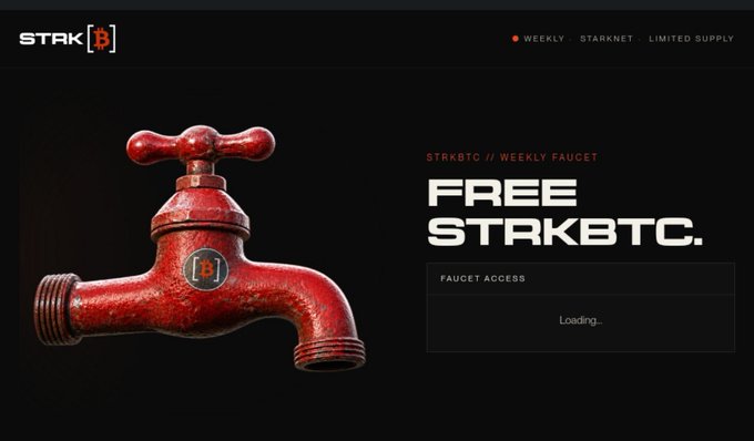 STRK[B] promotional graphic showing a red faucet with 'FREE STRKBTC' text and 'STRKBTC // WEEKLY FAUCET' for Starknet limited supply distribution.