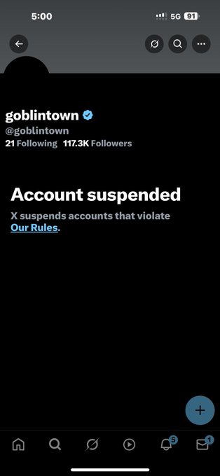 An X (Twitter) profile page for 'goblintown' (@goblintown) showing 21 Following and 117.3K Followers, displaying an 'Account suspended' notice stating the account violates platform rules.