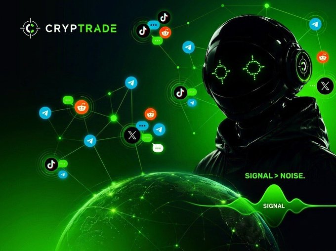 A promotional graphic for 'CRYPTRADE' featuring a hooded figure with a glowing green digital face mask, surrounded by social media icons (Telegram, Reddit, TikTok, X) connected by a network, with the tagline 'SIGNAL > NOISE.' over a green globe.