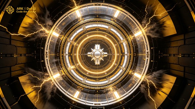 A futuristic golden portal with concentric tech rings, crackling electric arcs, and the watermark "ARK | DEF AI | Code the Future" symbolizes the powerful, barrier-free AI execution promised to the ARK community. The radiant energy bursting from the gateway mirrors the post's message that ARK holders are actively building the future through the Arkie AI App.