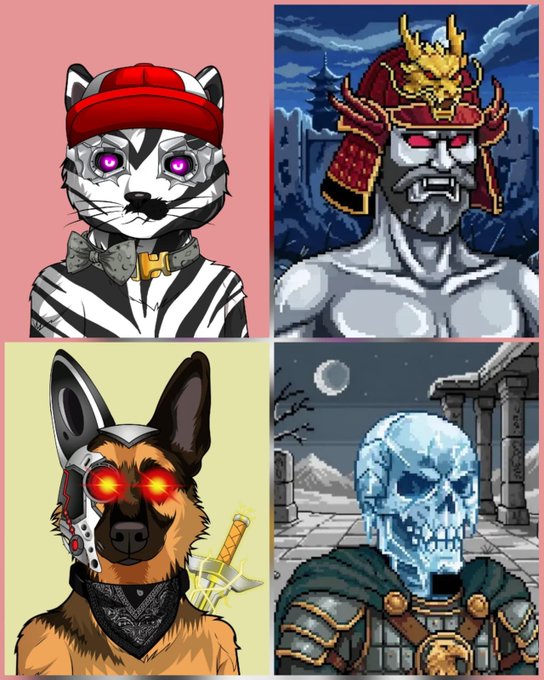 A 2x2 grid showcasing four pixel art NFT collectibles: two zebra-themed PawPular NFTs with vibrant purple and red eyes (top-left and bottom-left), and two Shinigami-themed NFTs featuring a samurai warrior and a frost-covered skeleton (top-right and bottom-right). The image promotes a collaborative giveaway where four winners can claim these NFTs from the PawPular and ShiniRealms collections.