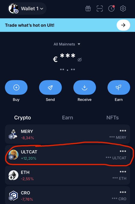 A cryptocurrency wallet app screenshot displaying the token 'ULTCAT' with a +12.20% gain highlighted by a red circle, alongside other tokens like MERY, ETH, and CRO.