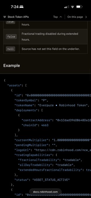A mobile screenshot of Stock Token APIs documentation showing values for 'true', 'false', and 'null', followed by a JSON example for an asset including 'tokenSymbol: P' and 'tokenName: Everpure • Robinhood Token'.