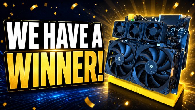 The image is a celebratory graphic featuring bold text reading "WE HAVE A WINNER!" alongside a custom-built open-air computer rig called the "NerdOctaxe," which showcases multiple Thermalright cooling fans mounted on a yellow base. The graphic visually announces the giveaway winner, congratulating Nordic Mining Sweden (@NordicMiningSwe) for winning the BSB NerdOctaxe computer build shown in the photo.