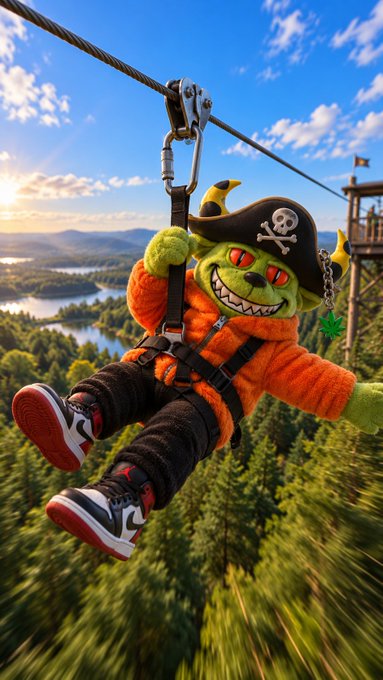 A plush toy dressed in an orange hoodie and a pirate hat ziplines against a scenic backdrop of forested mountains and a lake under a blue sky.