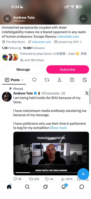 A screenshot of Andrew Tate's X profile showing a pinned post where he states, 'I am being held inside the SHU because of my face,' with 10.8M followers.