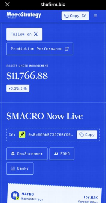 A mobile screenshot from thefirm.biz showing the MacroStrategy page with assets under management of $11,766.88, the ticker $MACRO, and links to DexScreener, FOMO, and Bankr.