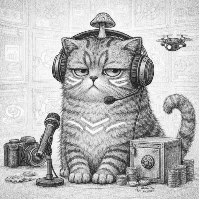 A detailed pencil sketch depicts a grumpy-looking tabby cat wearing large gaming headphones with a microphone, a small UFO antenna on its head, surrounded by a microphone, camera, safe, scattered coins, and gears.