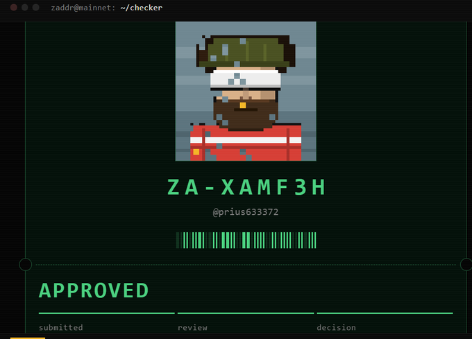 The image shows a pixel art portrait of a bearded man with a green hat, identified as "@prius63372" with the code "ZA-XAMF3H" and a barcode, displaying an "APPROVED" status on a terminal-style interface with progress tracking for submitted, review, and decision stages, illustrating the user's successful approval into a program or community.