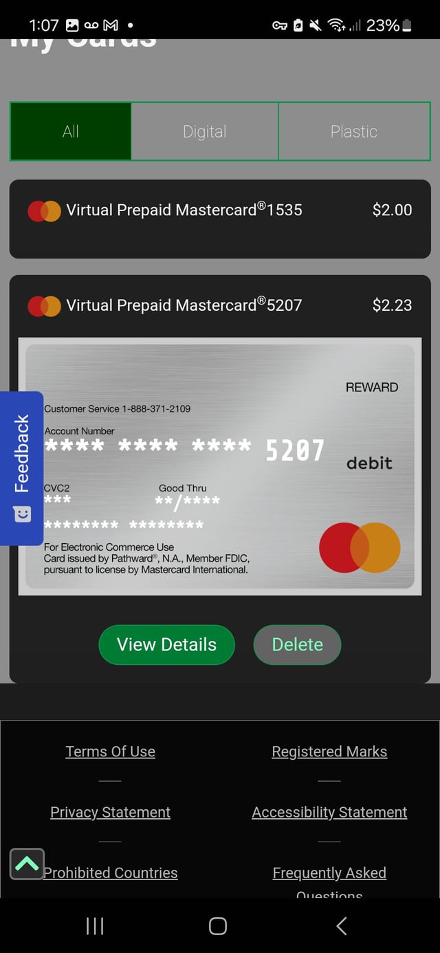 The image shows a screenshot of an electronic device screen with various buttons, including one labeled "view details" at the bottom center. The text displayed below indicates that the viewer has the option to delete information or send money via credit card. In the top left corner of the screen, there is a message prompt asking if someone can send me sol or btc for gift cards.