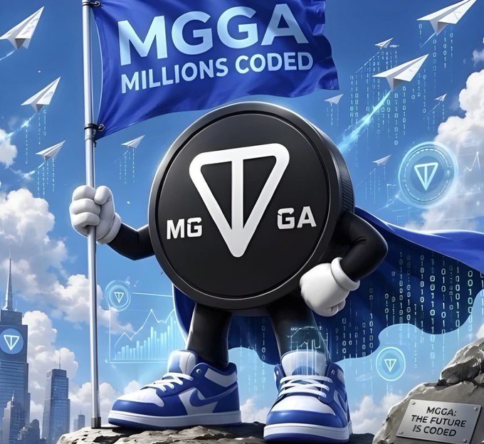 The image features a cartoon character, possibly a superhero or a robot, standing on top of a rock with a blue flag fluttering behind them. The caption below the image reads "Looks like we're just heating up! MGGA MILLIONS CODED $GRAM = $MGGA". This suggests that there is some sort of connection between the cartoon character and the concept of millions being codified, possibly related to a futuristic or technological theme.