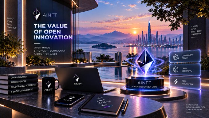 Futuristic promotional image for 'AINFT' with the tagline 'THE VALUE OF OPEN INNOVATION' and 'INTELLIGENCE WITHOUT LIMITS,' showing an Ethereum crystal, laptop, and other items on a table with a sunset cityscape in the background.