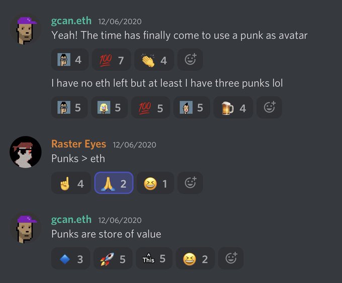 A Discord conversation from December 2020 where user 'gcan.eth' jokes about having no ETH but owning three CryptoPunks (NFT avatars), with 'Raster Eyes' commenting 'Punks > eth' and 'gcan.eth' replying 'Punks are store of value.'