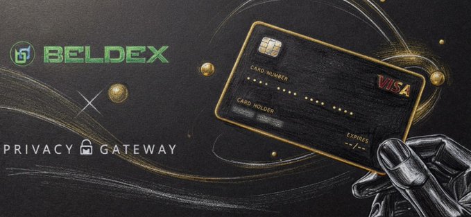 A promotional graphic for 'BELDEX' branded as a 'PRIVACY GATEWAY' featuring a stylized black Visa credit card on a dark background with golden accents.