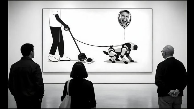 A black and white photo of three people viewing a large framed artwork that depicts a person walking a robotic dog on a leash, with the dog's head replaced by a laughing man's face on a balloon.