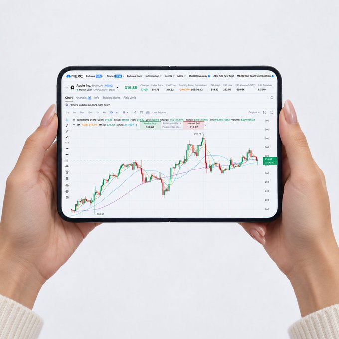 Two hands holding a foldable device displaying the MEXC exchange with an Apple Inc. (AAPL/USDT) trading chart showing a current price of 316.83 and candlestick price movements.