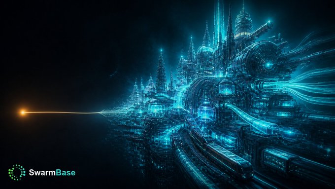 A sci-fi digital artwork of a massive, glowing blue futuristic city or space station, with the logo 'SwarmBase' in the bottom left corner.