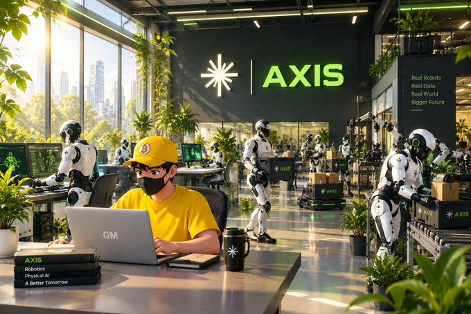Futuristic workspace labeled 'AXIS' featuring humanoid robots and a person in a yellow cap working at a laptop, with text 'Real Robots, Real Data, Real World, Bigger Future' and 'AXIS Robotics Physical AI A Better Tomorrow'.