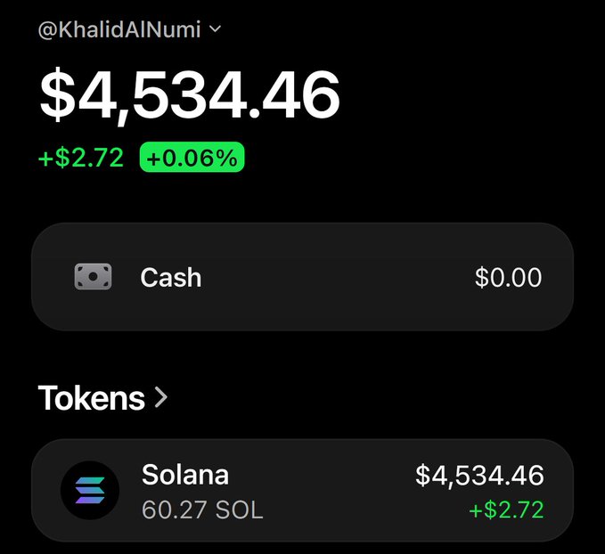 A screenshot of a crypto wallet under the handle @KhalidAlNumi shows a balance of $4,534.46 with a daily gain of +$2.72 (+0.06%), consisting entirely of 60.27 Solana (SOL) tokens and $0.00 in cash. The image appears to be the "wallet check" promised in the post, showing the SOL holdings tied to the account.