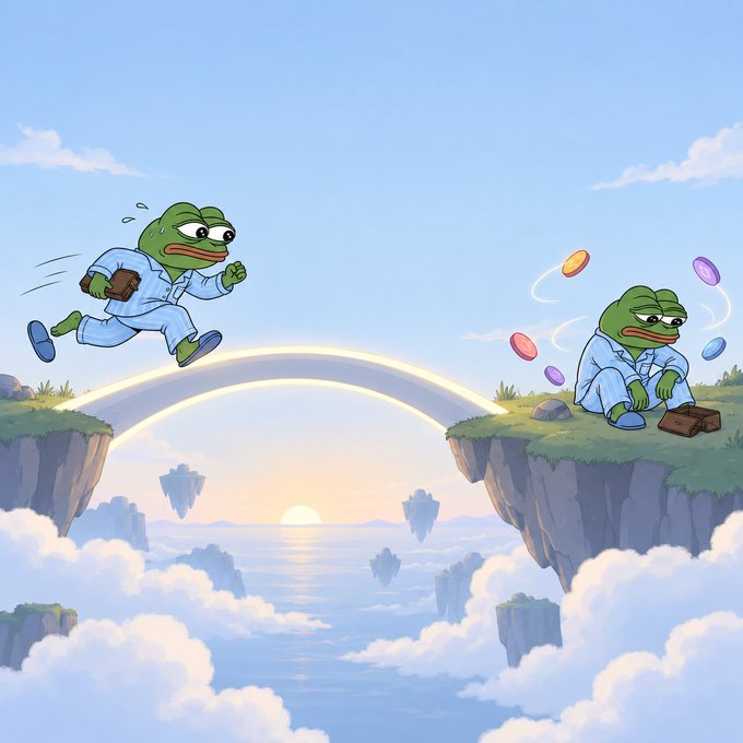 The image depicts two Pepe frogs in pajamas—one leaping energetically across a rainbow bridge between floating islands carrying a wallet, while the other sits dejectedly on the opposite cliff surrounded by falling coins. It humorously illustrates the post's theme of eagerly jumping onto a new blockchain (Jumper/Arc Chain) only to end up with an empty wallet after chasing new coins, capturing the familiar "buy high, end sad" cycle.