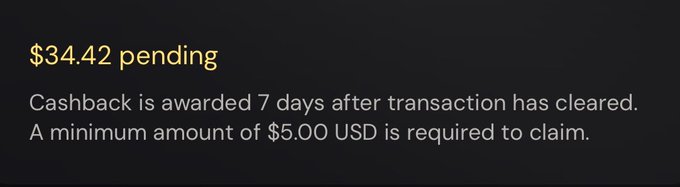 The image displays a notification showing "$34.42 pending" in yellow text, noting that cashback is awarded 7 days after a transaction clears and requires a minimum of $5.00 USD to claim. This relates to the post explaining that EtherFi Card cashback has switched from USDC to being converted to ETHFI at the transaction clearing price, creating price volatility risk for users since they must wait 7 days and accumulate $5+ before claiming.