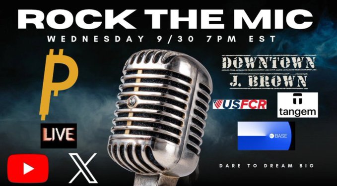 A promotional flyer for 'ROCK THE MIC' on Wednesday 9/30 at 7PM EST features a vintage microphone surrounded by logos including Downtown J. Brown, USFCR, Tangem, and Base.